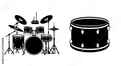 Drum Kit Vector Icon Set with Black Musical Instrument Silhouettes for Music Design