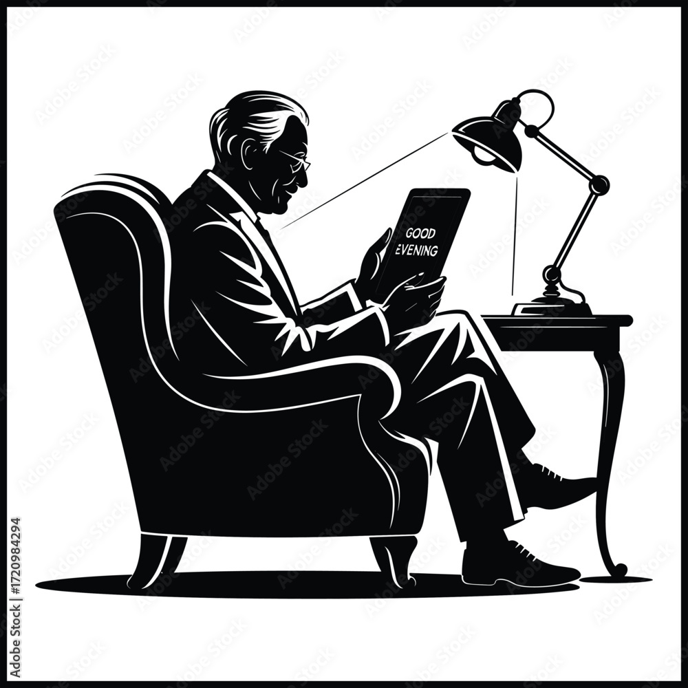 Obraz premium a grandfather sitting and holding a tablet for a video call 