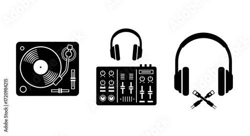 Modern DJ Equipment Vector Icon Set with Turntable Mixer and Headphones