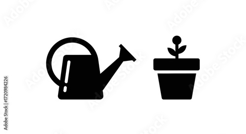 Minimalist Gardening Vector Icon Set with Watering Can and Potted Sprout