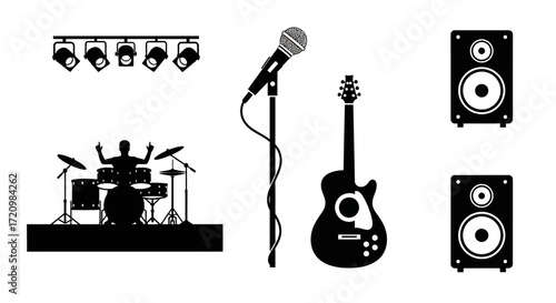 Icon Set Vector of Rock Band Music Elements with Guitar Drums and Stage Equipment Silhouettes
