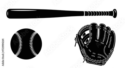 Baseball Equipment Vector Icon Set with Bat Ball and Glove Silhouette