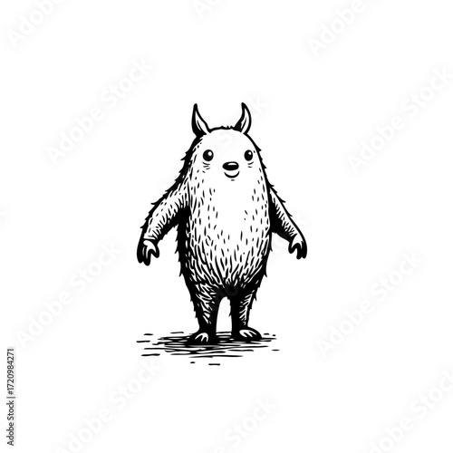 Whimsical Creature Standing Illustration with Furry Texture and Tiny Horns on White Background