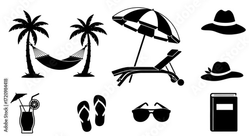 Minimalist Summer Vacation Vector Icon Set with Black Beach Silhouette Elements