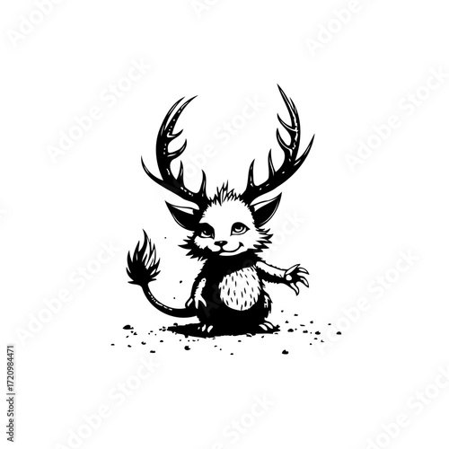 Whimsical forest creature with majestic antlers in a monochrome sketch that invites imagination