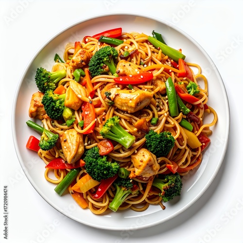 Delicious chicken and vegetable stir-fry noodles presented on a white plate against white background
