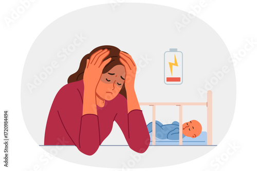Single mother experiences postpartum depression and suffers from lack of energy to raise son. Problem of postpartum depression in sad young girl sitting near crib with sleeping baby