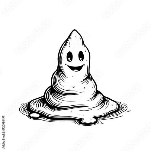Whimsical friendly blob character illustration with a happy expression and swirling melted base