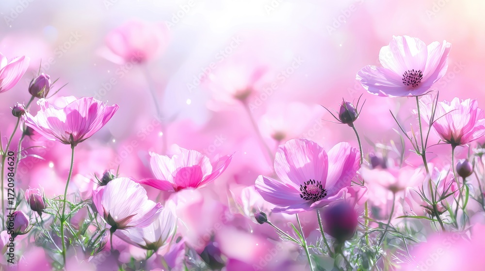 Fototapeta premium Delicate Pink Flowers Blooming in a Vibrant Garden with Soft Sunshine and Blurry Background Effects