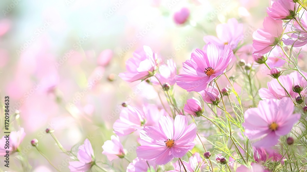Fototapeta premium Delicate Pink Cosmos Flowers Blooming in a Sunlit Field with Soft Focus and Gentle Breeze