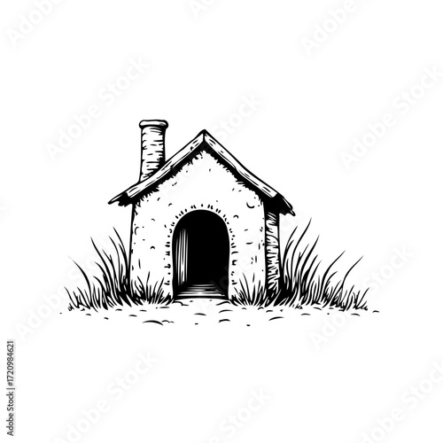 Whimsical hand drawn dwelling featuring stone walls dark arched entrance with chimney grass