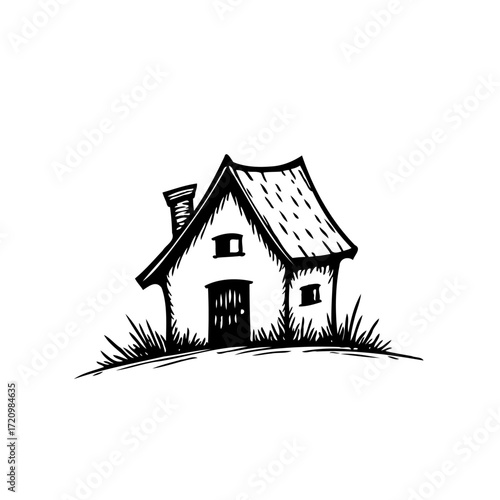 Whimsical hand drawn house illustration evoking a simple life and quiet countryside living in cozy