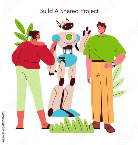 Collaboration on Robot Building Vector Illustration