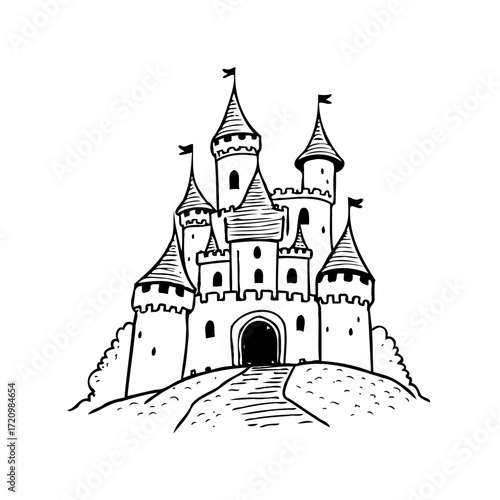 Whimsical hand drawn ink illustration of a fairytale castle with turrets and flags upon a hill
