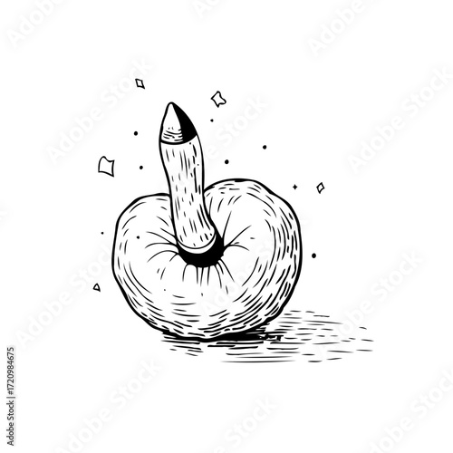 Whimsical hand-drawn illustration features an apple with a sprout or stem growing unusually from