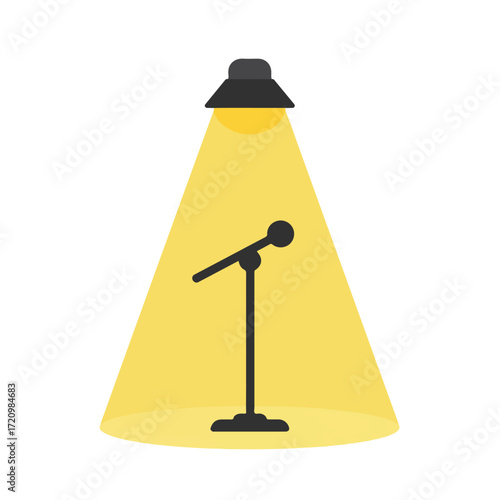 Microphone stands in spotlight, ready for stage performance. Great for music event promotions, concert posters, and entertainment industry designs.