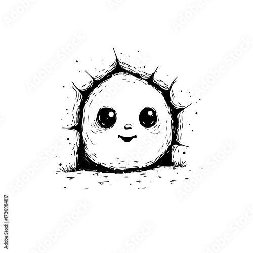 Whimsical ink drawing featuring a charming, round character peering through a rough-edged opening