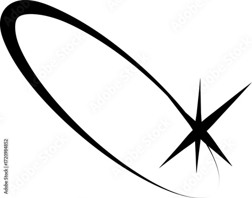 Stylized black shooting star with a dynamic elliptical swoosh trail and a fourpointed sparkle.