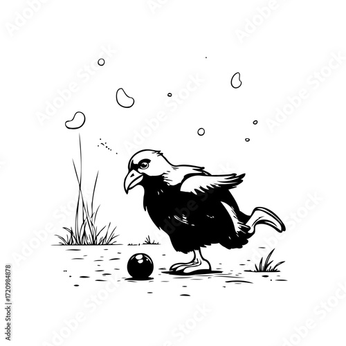 Whimsical monochromatic bird illustration interacting with a spherical object under an atmospheric
