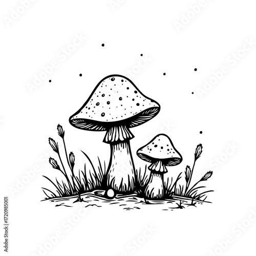 Whimsical monochrome drawing portraying a pair of forest mushrooms nestled amidst tall blades of