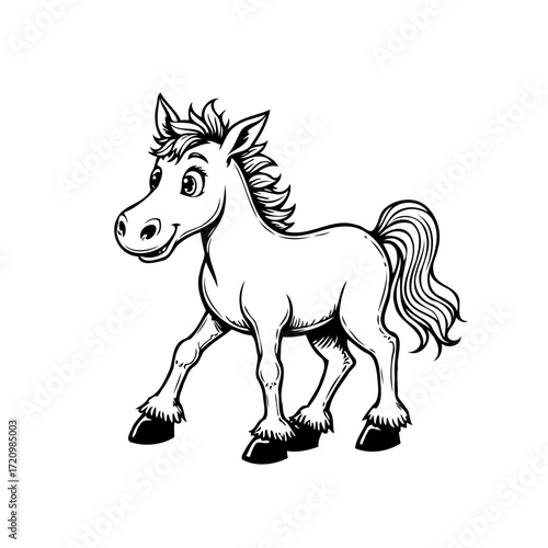 Whimsical monochrome horse illustration radiating simple charm suitable for children's educational