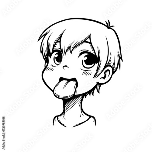 Whimsical monochrome illustration of a child sticking their tongue out with playful energy and