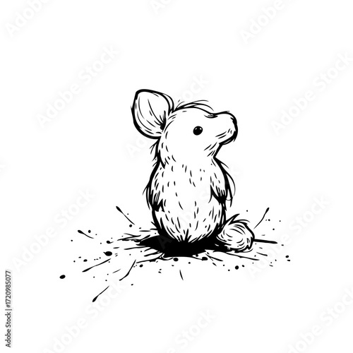 Whimsical monochrome rendition depicting a stylized creature evoking childhood innocence with