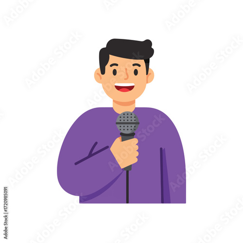 Man in purple shirt smiles onstage with a microphone. Suitable for music or comedy events, public speaking, or entertainment concepts.