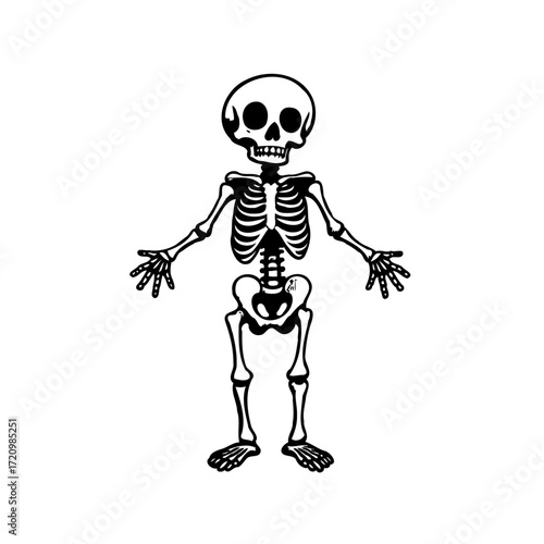 Whimsical skeletal figure in simplistic black outline style stands against pure white backdrop for