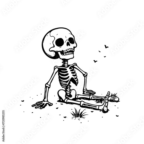 Whimsical skeleton figure seated thoughtfully on the ground contemplating the birds in the sky
