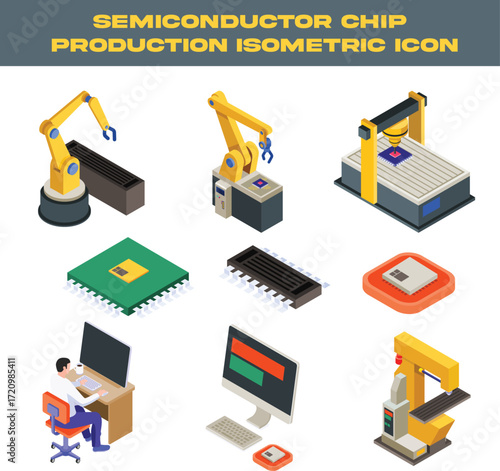 Semiconductor Chip Production Isometric Icons – Microchip Manufacturing and Electronics Industry
