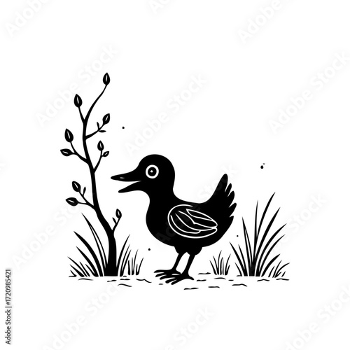 Whimsical vector illustration of a little bird standing amongst grass and a small sapling creates