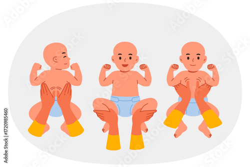 Children massage for baby from chiropractor who helps newborn get rid of spinal curvature. Hands of pediatrician doing baby massage to prevent osteochondrosis and improve immunity.