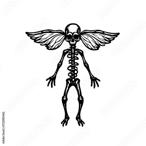 Whimsical winged skeleton illustration showcasing a playful juxtaposition of mortality and levity