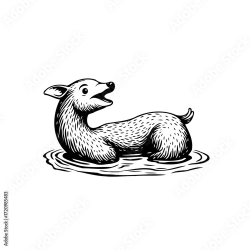 Whimsical woodcut of a creature in water evokes mythic aquatic folklore and imaginative charm