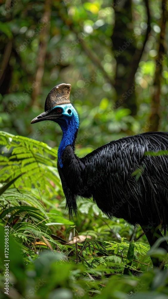 Obraz premium Majestic Cassowary Walking Through Dense Tropical Forest Habitat