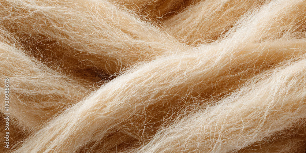 Fototapeta premium Golden beige wool fibers forming flowing textured textile background representing cozy handmade inspiration - AI generated