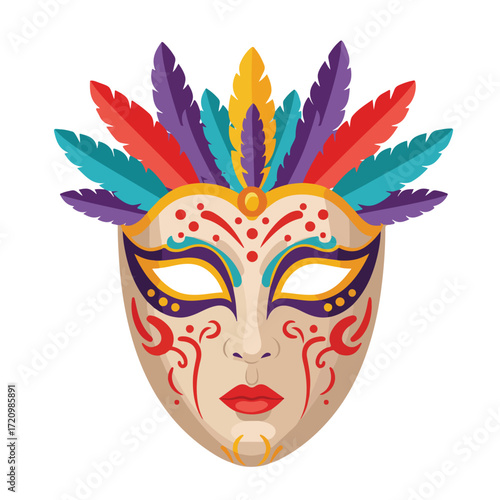 Decorative mardi gras mask with colorful feathers, perfect for party invitations, festive designs, social media posts, or themed events.