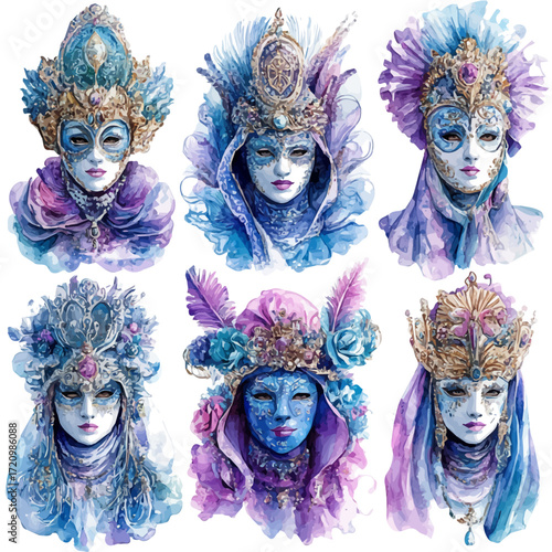 watercolor of Hungarian Winter Masks, vector, isolated on a white background.
