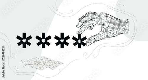 Creative hand reveals hidden password stars, symbolizing data security and digital access in a modern abstract style