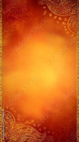 Vibrant background with warm orange and red, floral patterns and festive elements, Dussehra holiday celebration, vertical banner, copy space, for greeting card or flyer
