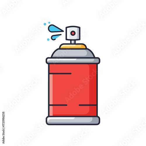 Red aerosol spray can with blue liquid spraying out, perfect for product design, industrial graphics, or creative art concepts.