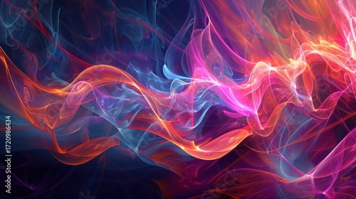 A vibrant, abstract digital artwork featuring a colorful, wavy, flowing pattern of swirling, ethereal, neon-like colors on a dark, almost black background.