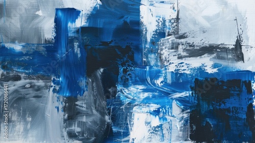 A blue and white abstract painting with a mix of brush strokes and shapes.