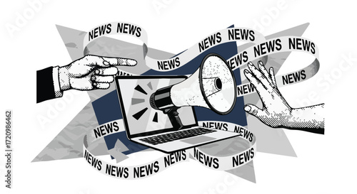 Illustration depicting the spread of news through technology, with hands pointing and blocking the information.