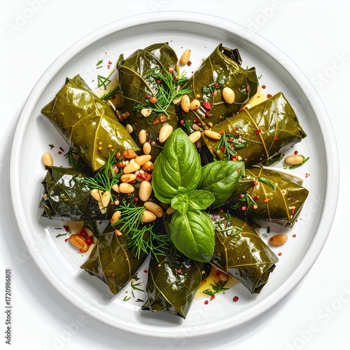 Artfully arranged dolmades on a pristine white plate, capturing culinary elegance