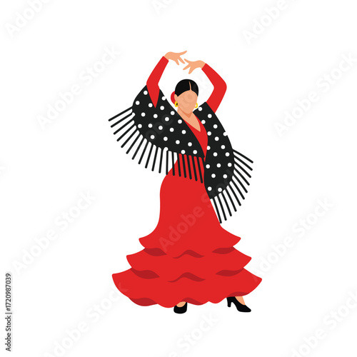 Flamenco dancer in red dress and shawl suitable for travel brochures, dance event posters, cultural websites, music album covers.