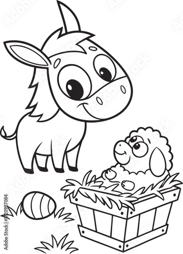 line art a donkey and sheep near the manger  cute .eps