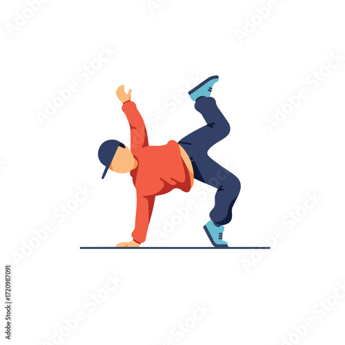 Breakdancer in casual clothes showing impressive dance move. Suitable for promoting dance events or showcasing dance skills in multimedia.