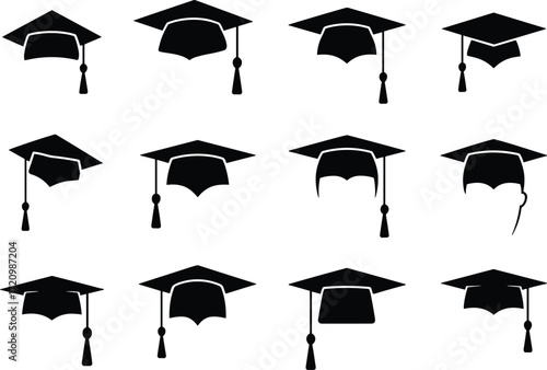 Graduation cap icons set, academic hat silhouettes, student success symbols, education celebration design, cad drawing flat vector illustration